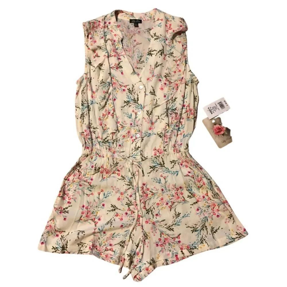 Lily Rose cream color with pink and green floral button up romper XS